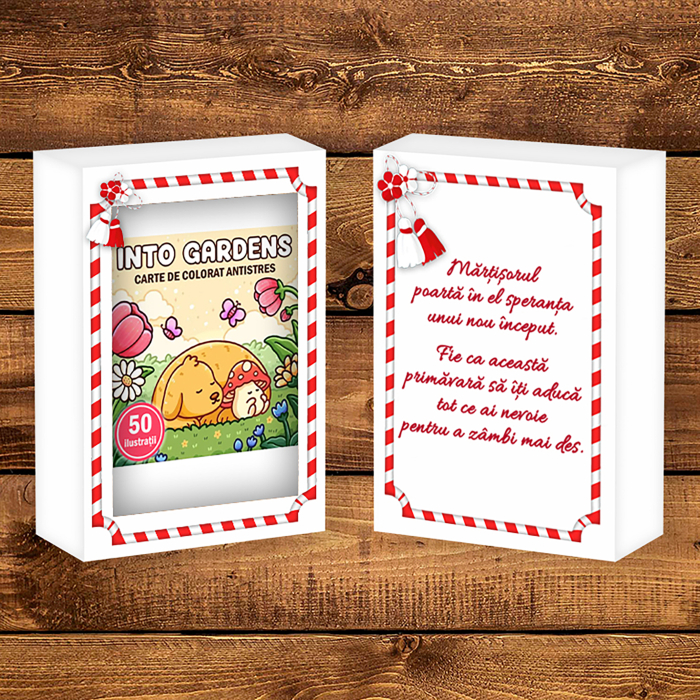 Martisor de colorat, 50 de ilustratii format A6 in cutie cu tematica de primavara, model: Into Gardens [2]