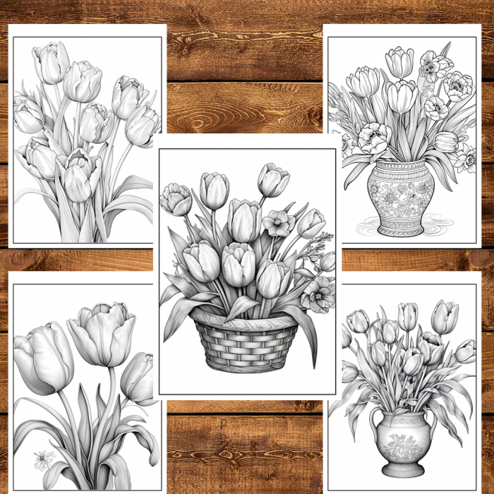 Martisor de colorat, 50 de ilustratii format A6 in cutie cu tematica de primavara, model: Lalele [4]