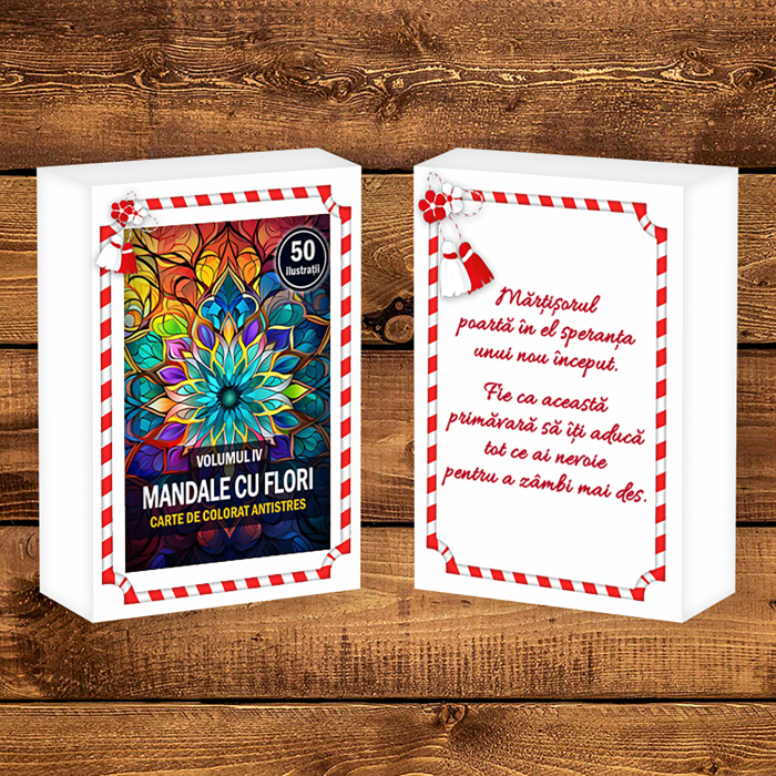 Martisor de colorat, 50 de ilustratii format A6 in cutie cu tematica de primavara, model: Mandale cu Flori [2]