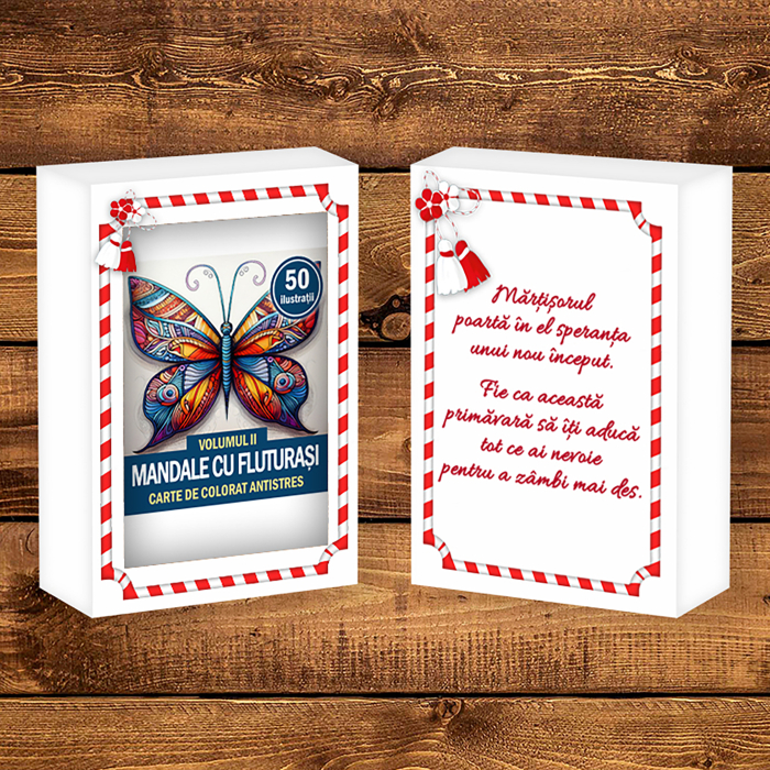 Martisor de colorat, 50 de ilustratii format A6 in cutie cu tematica de primavara, model: Mandale cu Fluturasi [2]