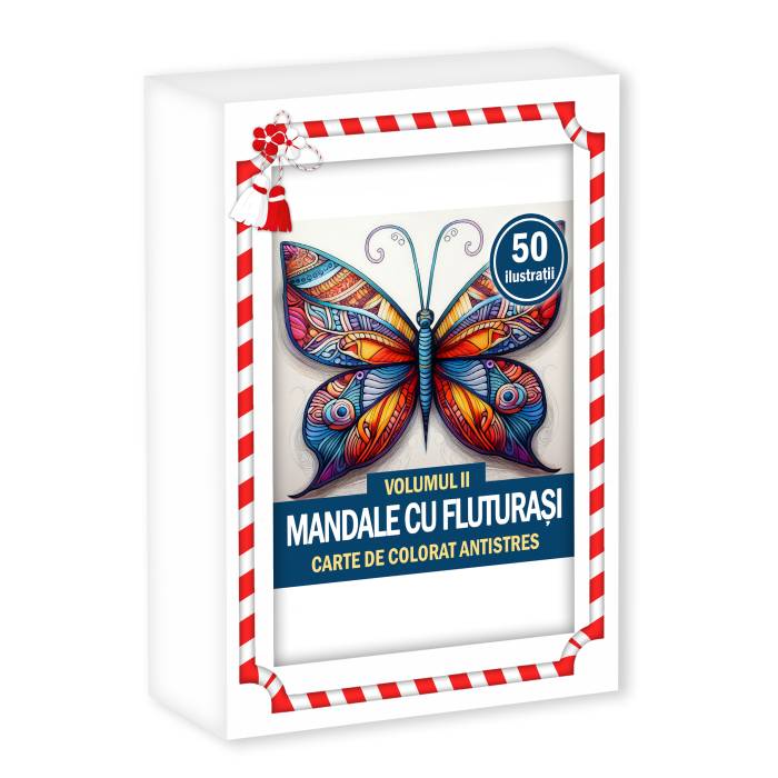 Martisor de colorat, 50 de ilustratii format A6 in cutie cu tematica de primavara, model: Mandale cu Fluturasi [1]