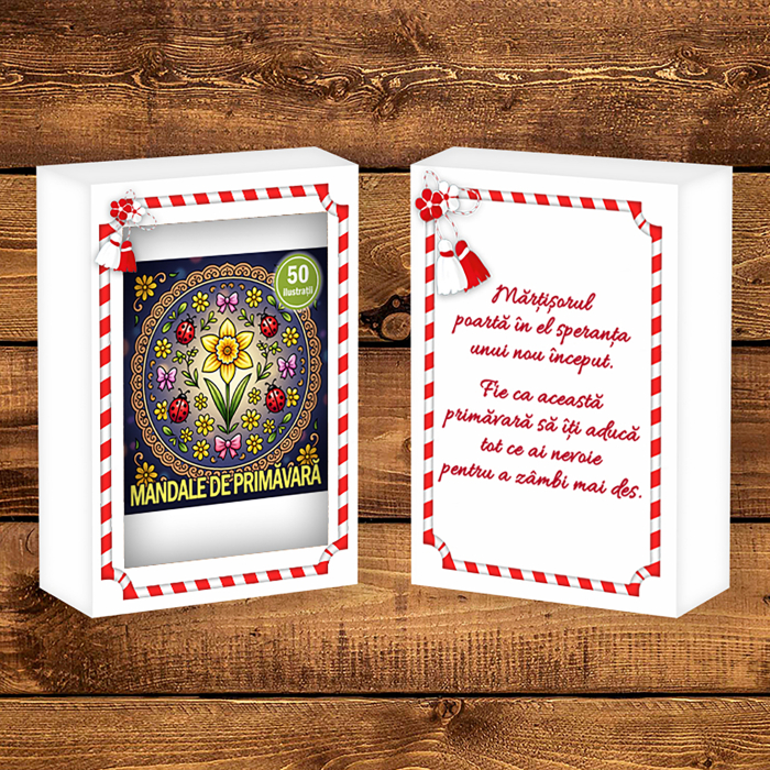 Martisor de colorat, 50 de ilustratii format A6 in cutie cu tematica de primavara, model: Mandale de Primavara [2]