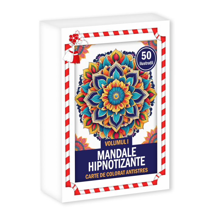 Martisor de colorat, 50 de ilustratii format A6 in cutie cu tematica de primavara, model: Mandale Hipnotizante [1]