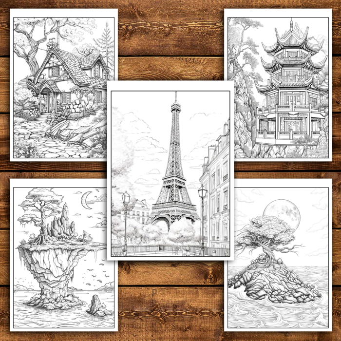 Martisor de colorat, 50 de ilustratii format A6 in cutie cu tematica de primavara, model: Peisaje [3]