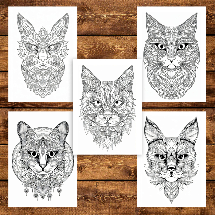 Martisor de colorat, 50 de ilustratii format A6 in cutie cu tematica de primavara, model: Pisici Mandala [3]