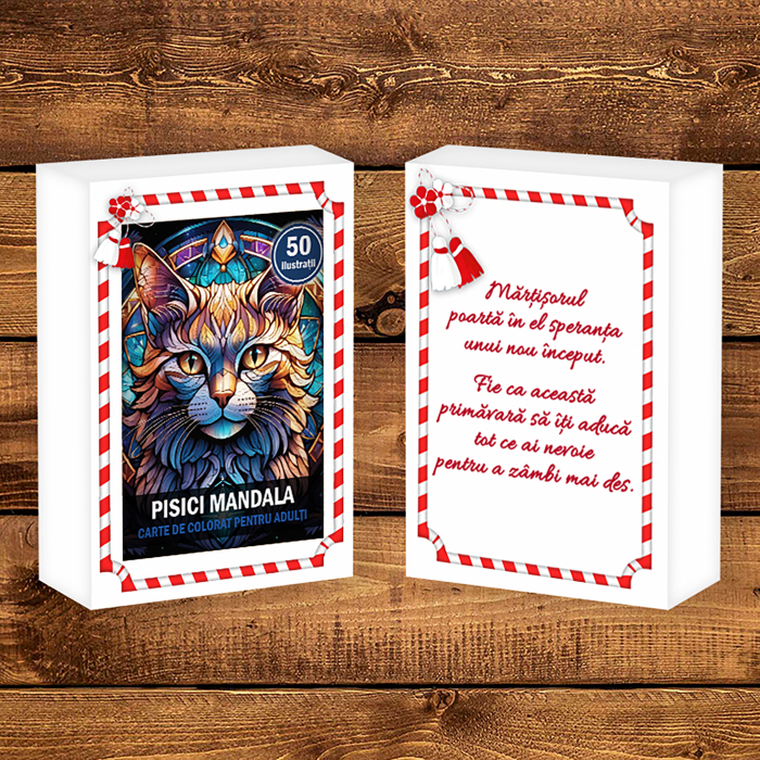 Martisor de colorat, 50 de ilustratii format A6 in cutie cu tematica de primavara, model: Pisici Mandala [2]