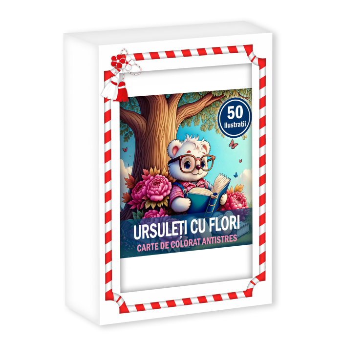Martisor de colorat, 50 de ilustratii format A6 in cutie cu tematica de primavara, model: Ursuleti cu Flori [1]