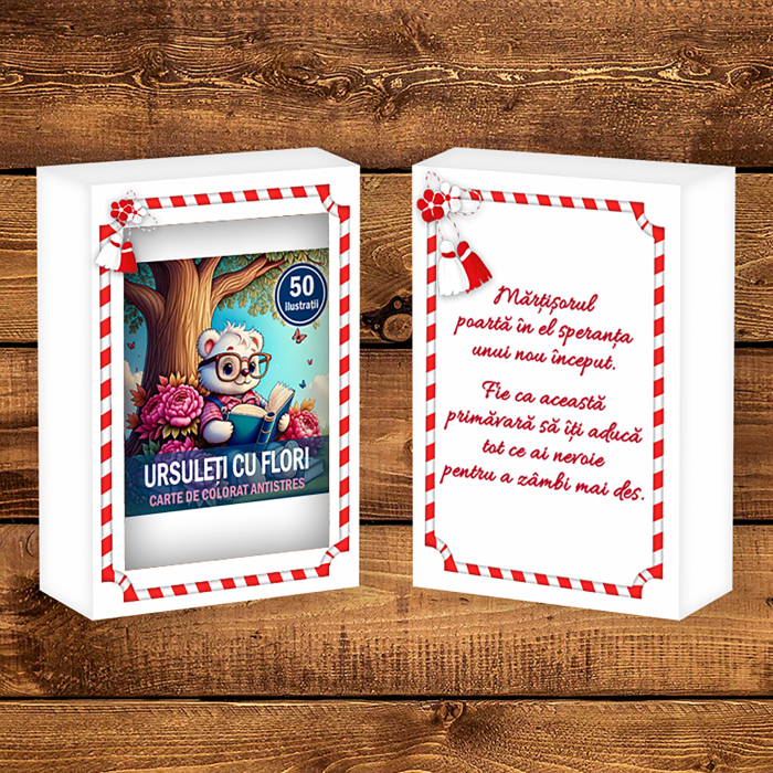 Martisor de colorat, 50 de ilustratii format A6 in cutie cu tematica de primavara, model: Ursuleti cu Flori [2]