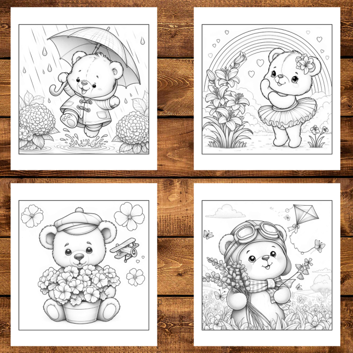 Martisor de colorat, 50 de ilustratii format A6 in cutie cu tematica de primavara, model: Ursuleti cu Flori [3]