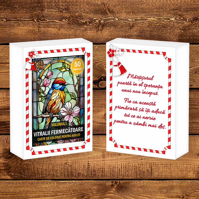Martisor de colorat, 50 de ilustratii format A6 in cutie cu tematica de primavara, model: Vitralii Fermecatoare [2]