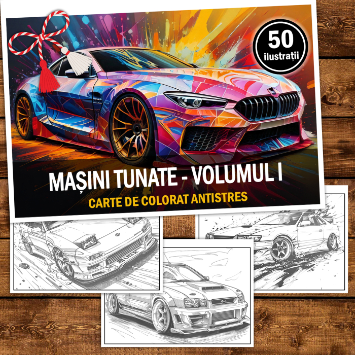 Martisor de colorat pentru baieti, 50 de ilustratii format A5, carte de colorat cu spira metalica, model: Masini Tunate [2]
