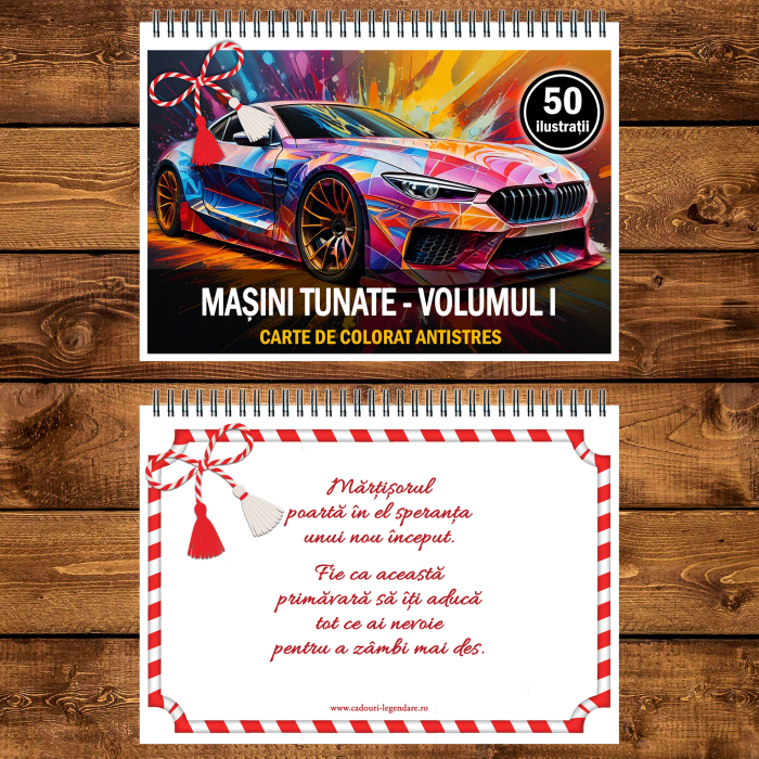 Martisor de colorat pentru baieti, 50 de ilustratii format A5, carte de colorat cu spira metalica, model: Masini Tunate [3]