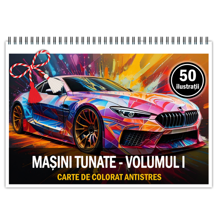 Martisor de colorat pentru baieti, 50 de ilustratii format A5, carte de colorat cu spira metalica, model: Masini Tunate [1]