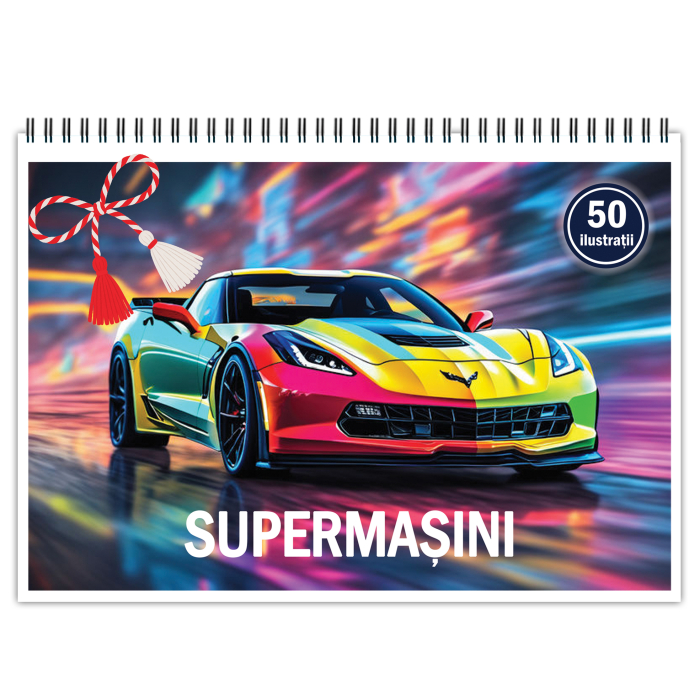 Martisor de colorat pentru baieti, 50 de ilustratii format A5, carte de colorat cu spira metalica, model: Supermasini [1]