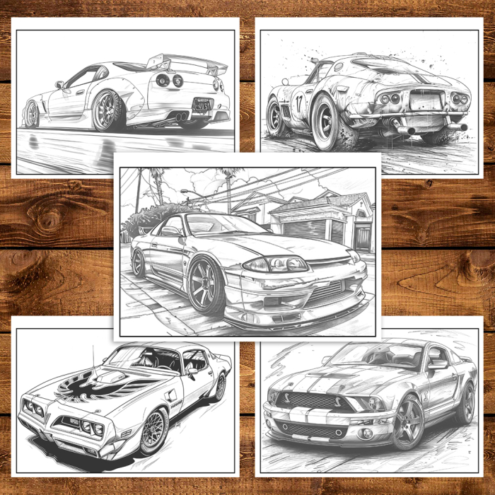 Martisor de colorat pentru baieti, 50 de ilustratii format A6 in cutie cu tematica de primavara, model: Masini Tunate [3]