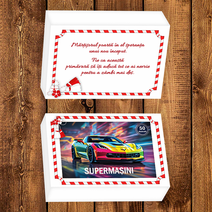 Martisor de colorat pentru baieti, 50 de ilustratii format A6 in cutie cu tematica de primavara, model: Supermasini [2]