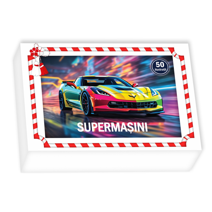 Martisor de colorat pentru baieti, 50 de ilustratii format A6 in cutie cu tematica de primavara, model: Supermasini [1]