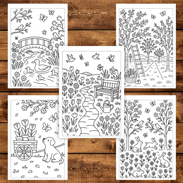 Martisor de colorat pentru copii, 25 de ilustratii format A6 in cutie cu tematica de primavara, model: Primavara in natura [4]