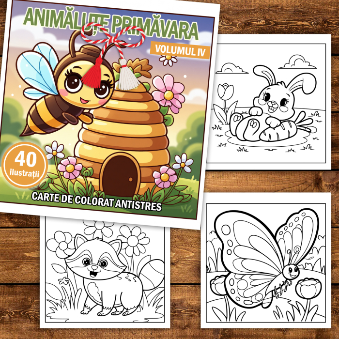 Martisor de colorat pentru copii, 40 de ilustratii format A5, carte de colorat cu spira metalica, model: Animalute Primavara - Volumul IV [2]