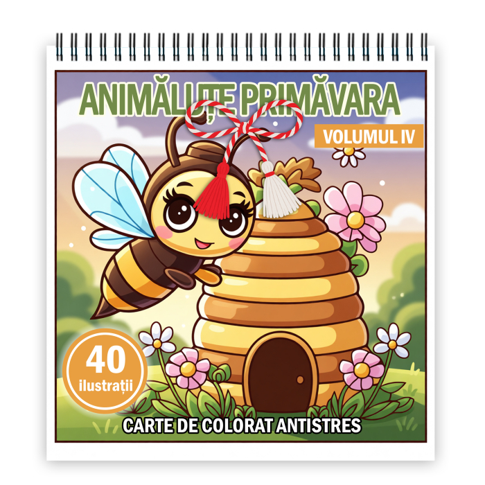 Martisor de colorat pentru copii, 40 de ilustratii format A5, carte de colorat cu spira metalica, model: Animalute Primavara - Volumul IV [1]