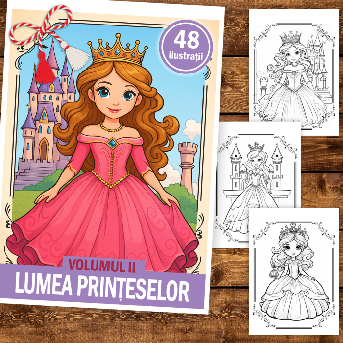 Martisor de colorat pentru copii, 48 de ilustratii format A5, carte de colorat cu spira metalica, model: Lumea Printeselor [2]