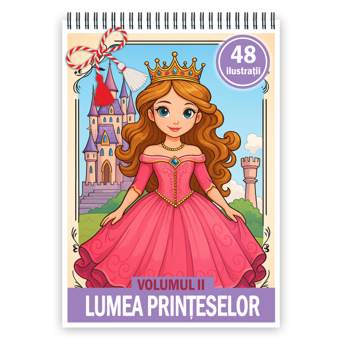 Martisor de colorat pentru copii, 48 de ilustratii format A5, carte de colorat cu spira metalica, model: Lumea Printeselor [1]