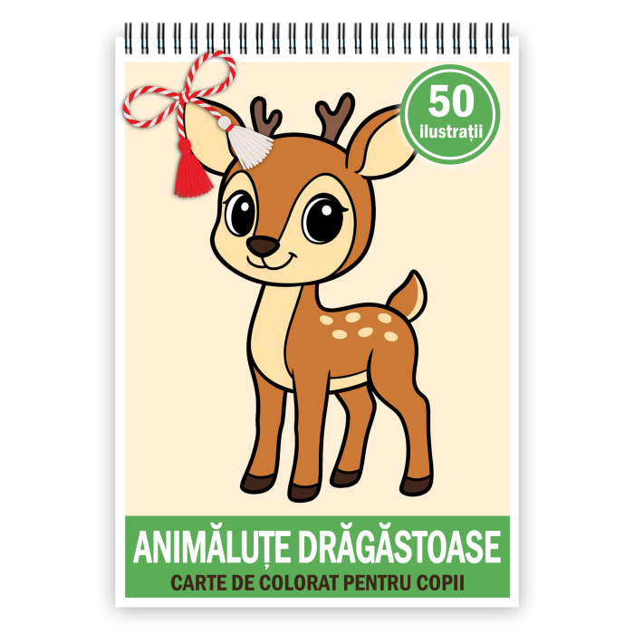 Martisor de colorat pentru copii, 50 de ilustratii format A5, carte de colorat cu spira metalica, model: Animalute Dragastoase [1]