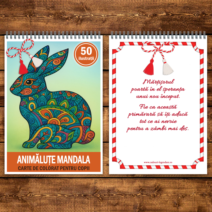 Martisor de colorat pentru copii, 50 de ilustratii format A5, carte de colorat cu spira metalica, model: Animalute Mandala [3]