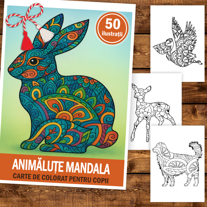 Martisor de colorat pentru copii, 50 de ilustratii format A5, carte de colorat cu spira metalica, model: Animalute Mandala [2]
