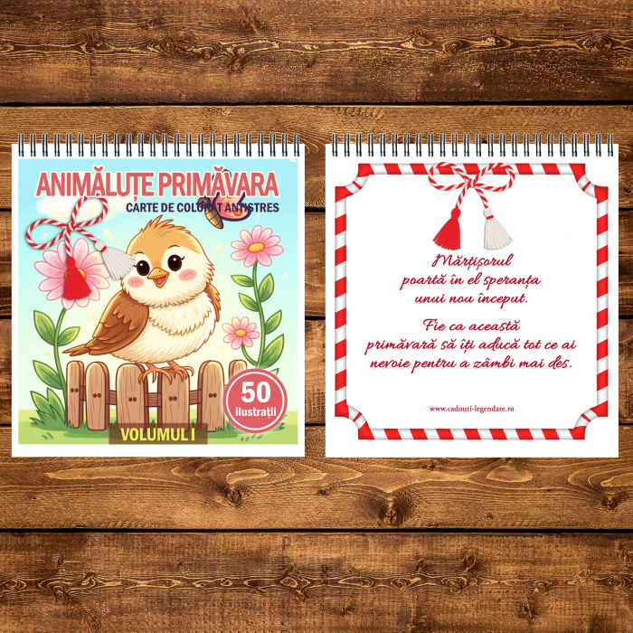 Martisor de colorat pentru copii, 50 de ilustratii format A5, carte de colorat cu spira metalica, model: Animalute Primavara [3]