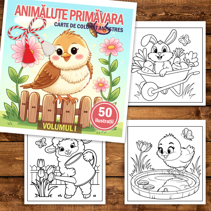 Martisor de colorat pentru copii, 50 de ilustratii format A5, carte de colorat cu spira metalica, model: Animalute Primavara [2]