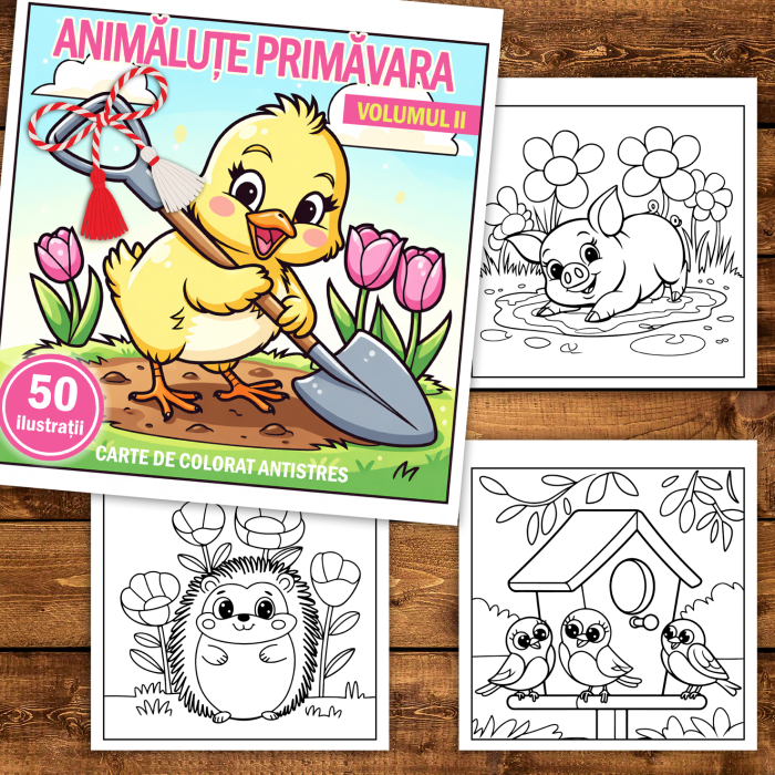Martisor de colorat pentru copii, 50 de ilustratii format A5, carte de colorat cu spira metalica, model: Animalute Primavara - Volumul II [2]