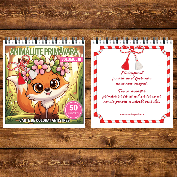 Martisor de colorat pentru copii, 50 de ilustratii format A5, carte de colorat cu spira metalica, model: Animalute Primavara - Volumul III [3]