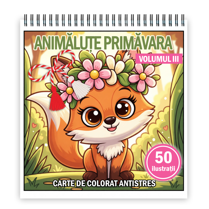 Martisor de colorat pentru copii, 50 de ilustratii format A5, carte de colorat cu spira metalica, model: Animalute Primavara - Volumul III [1]