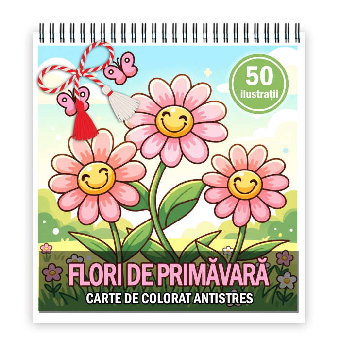 Martisor de colorat pentru copii, 50 de ilustratii format A5, carte de colorat cu spira metalica, model: Flori de Primavara [1]