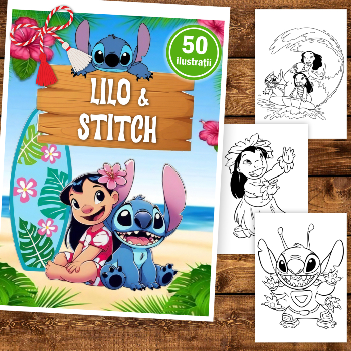 Martisor de colorat pentru copii, 50 de ilustratii format A5, carte de colorat cu spira metalica, model: Lilo & Stitch [2]