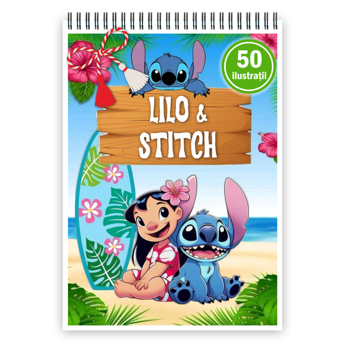Martisor de colorat pentru copii, 50 de ilustratii format A5, carte de colorat cu spira metalica, model: Lilo & Stitch [1]