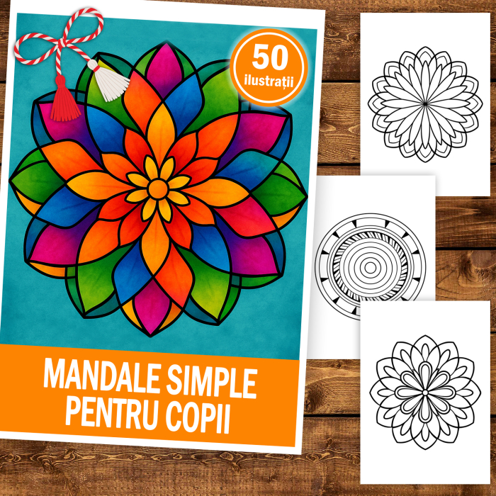 Martisor de colorat pentru copii, 50 de ilustratii format A5, carte de colorat cu spira metalica, model: Mandale simple pentru copii [2]