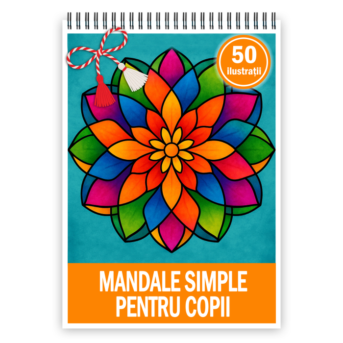 Martisor de colorat pentru copii, 50 de ilustratii format A5, carte de colorat cu spira metalica, model: Mandale simple pentru copii [1]
