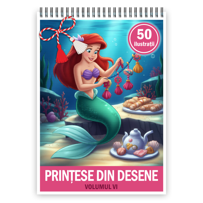 Martisor de colorat pentru copii, 50 de ilustratii format A5, carte de colorat cu spira metalica, model: Printese din Desene - Volumul VI [1]