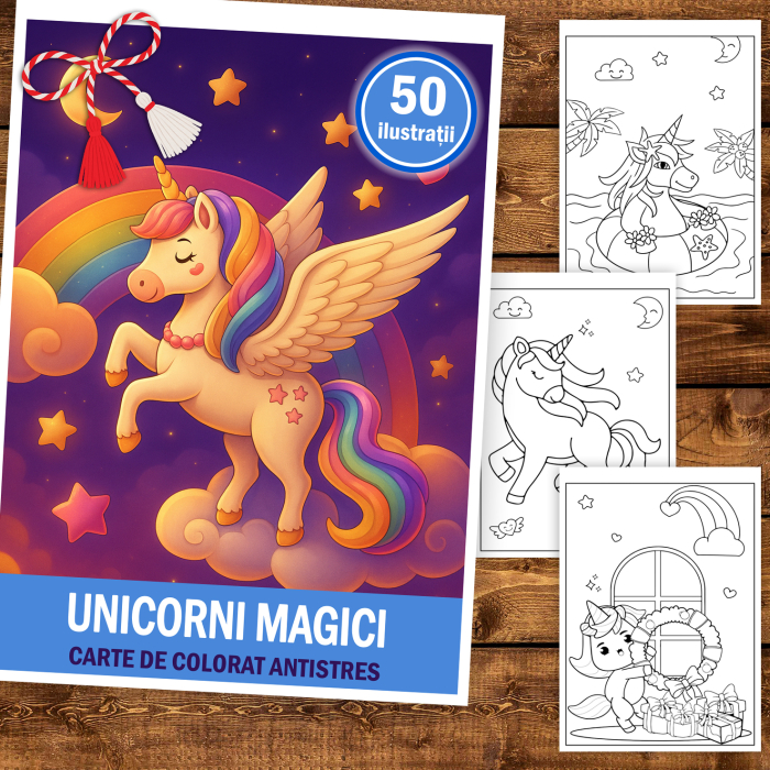 Martisor de colorat pentru copii, 50 de ilustratii format A5, carte de colorat cu spira metalica, model: Unicorni Magici [2]