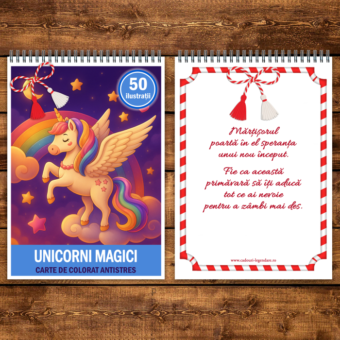 Martisor de colorat pentru copii, 50 de ilustratii format A5, carte de colorat cu spira metalica, model: Unicorni Magici [3]