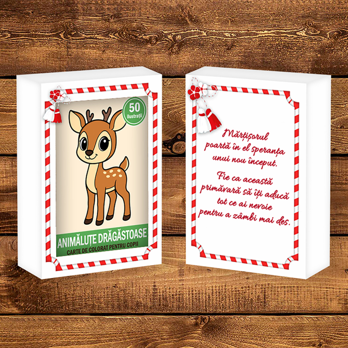 Martisor de colorat pentru copii, 50 de ilustratii format A6 in cutie cu tematica de primavara, model: Animalute Dragastoase [2]