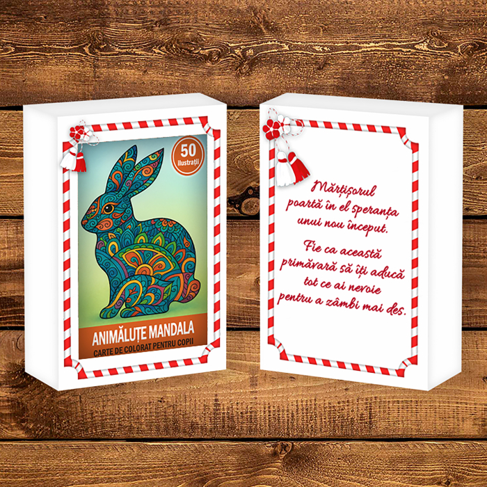 Martisor de colorat pentru copii, 50 de ilustratii format A6 in cutie cu tematica de primavara, model: Animalute Mandala [2]