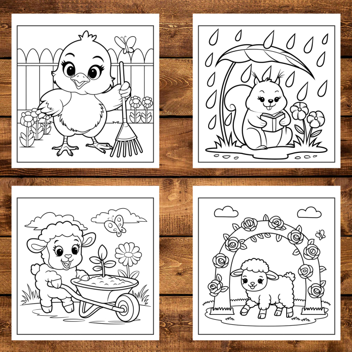 Martisor de colorat pentru copii, 50 de ilustratii format A6 in cutie cu tematica de primavara, model: Animalute Primavara [4]