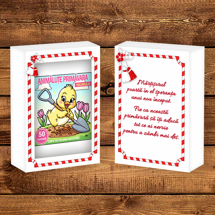 Martisor de colorat pentru copii, 50 de ilustratii format A6 in cutie cu tematica de primavara, model: Animalute Primavara - Volumul II [2]
