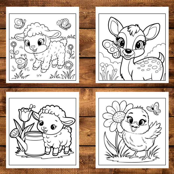 Martisor de colorat pentru copii, 50 de ilustratii format A6 in cutie cu tematica de primavara, model: Animalute Primavara - Volumul II [4]