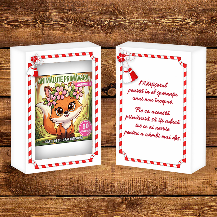 Martisor de colorat pentru copii, 50 de ilustratii format A6 in cutie cu tematica de primavara, model: Animalute Primavara - Volumul III [2]