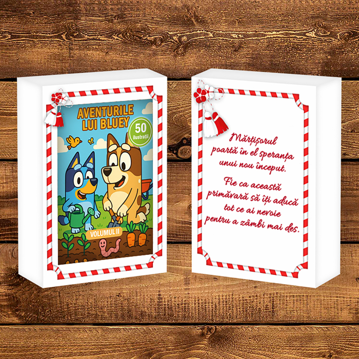 Martisor de colorat pentru copii, 50 de ilustratii format A6 in cutie cu tematica de primavara, model: Aventurile lui Bluey [2]