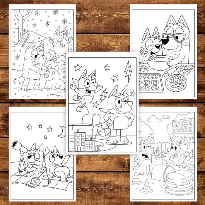 Martisor de colorat pentru copii, 50 de ilustratii format A6 in cutie cu tematica de primavara, model: Aventurile lui Bluey [3]